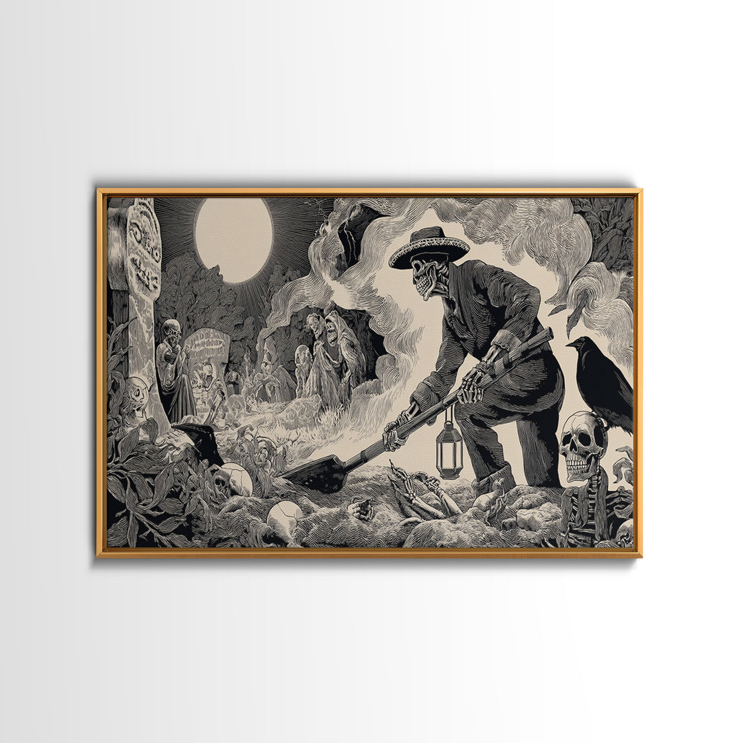 The Lantern Gravedigger, Macabre Folk Print Art, Wide Panoramic Art, Macabre Wall Art, Canvas Print, Halloween Wall Art