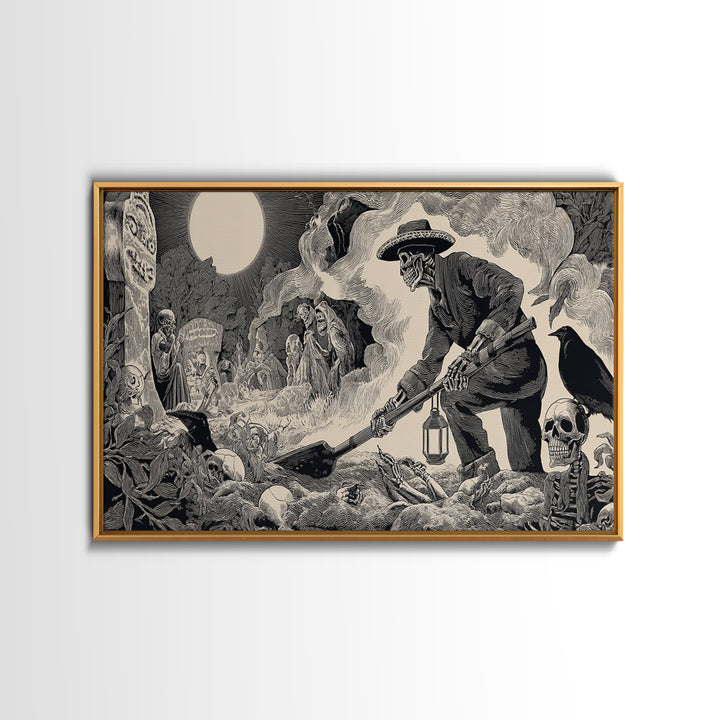 The Lantern Gravedigger, Macabre Folk Print Art, Wide Panoramic Art, Macabre Wall Art, Canvas Print, Halloween Wall Art