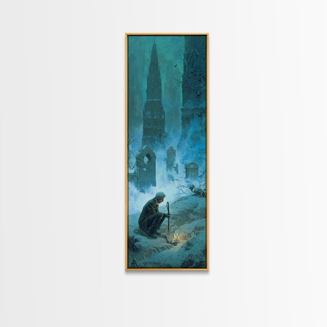 The Lantern Gravedigger, Surreal Apocalyptic Art, Tall Narrow Wall Art, Dark Halloween Decor, Framed Canvas Print, Dark Fantasy Art
