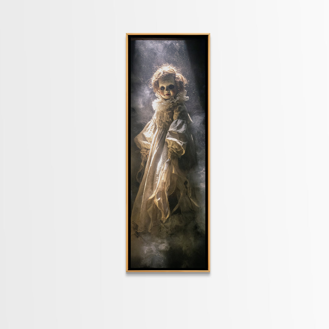 The Haunted Porcelain Doll, Gothic Engraving Art, Tall Narrow Wall Art, Dark Halloween Decor, Framed Canvas Print, Halloween Wall Art