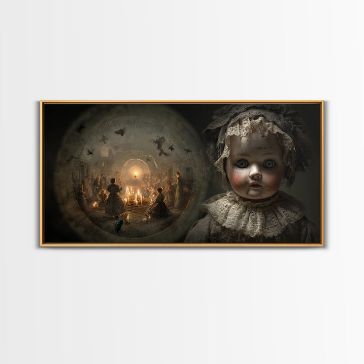 The Haunted Porcelain Doll, Northern Renaissance Horror, Wide Panoramic Art, Dark Halloween Decor, Framed Canvas Print