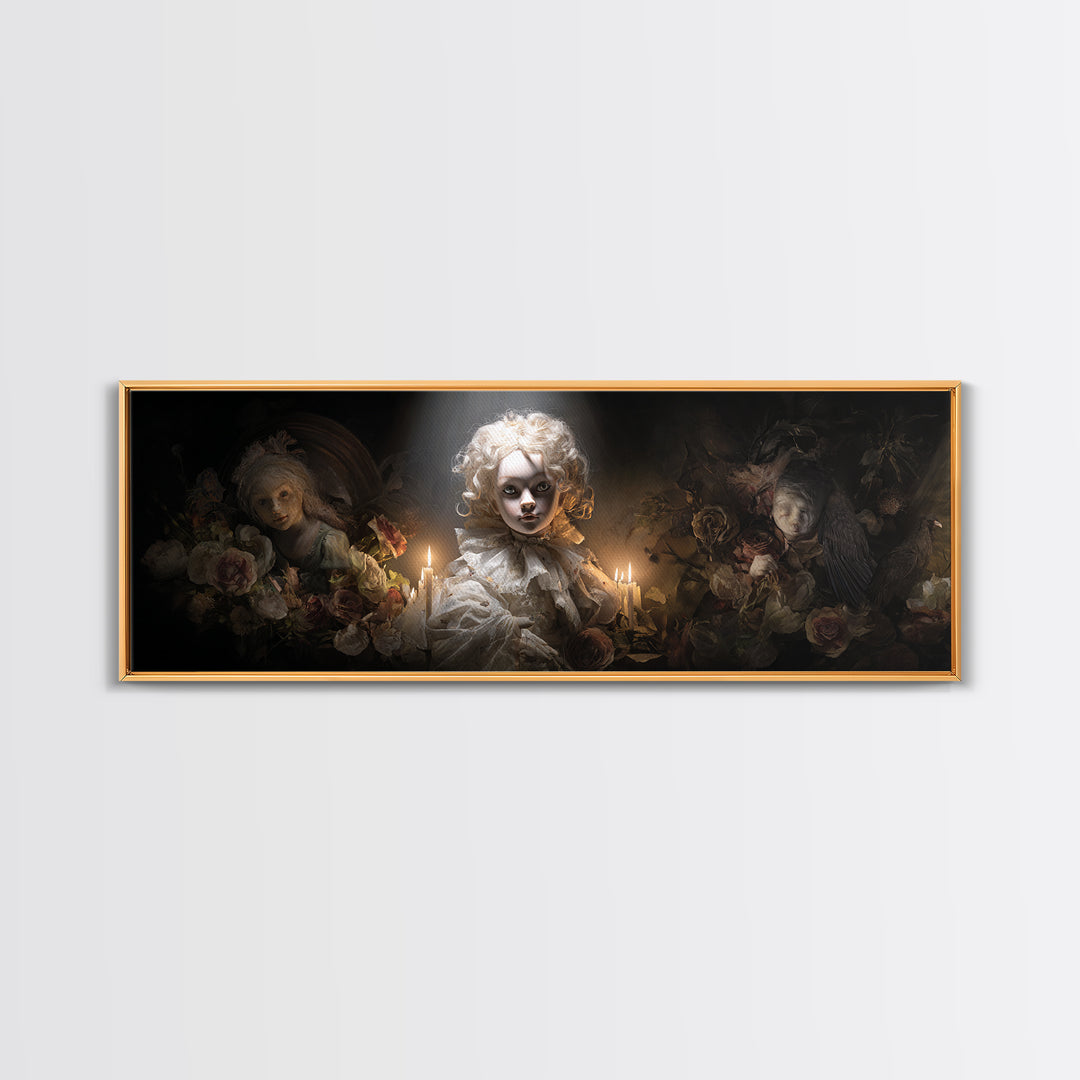 The Haunted Porcelain Doll, Gothic Nightmare Art, Extra Wide Wall Art, Dark Halloween Decor, Framed Canvas Print, Halloween Wall Art