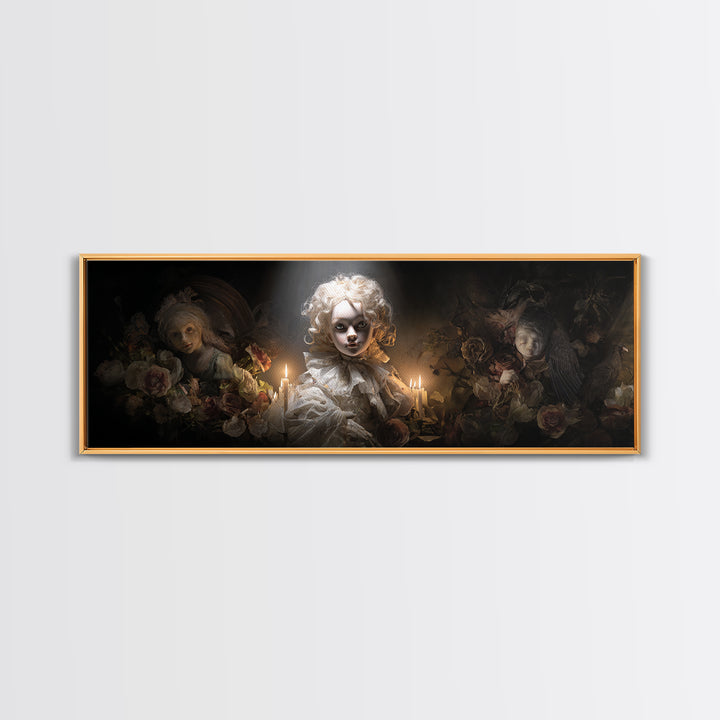 The Haunted Porcelain Doll, Gothic Nightmare Art, Extra Wide Wall Art, Dark Halloween Decor, Framed Canvas Print, Halloween Wall Art