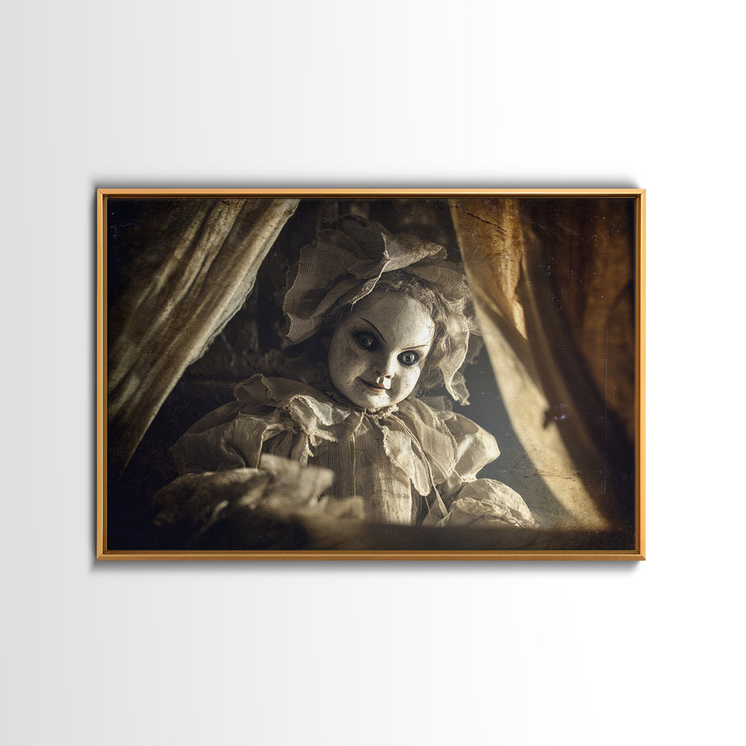 The Haunted Porcelain Doll, Architectural Etching Art, Landscape Wall Art, Dark Halloween Decor, Framed Canvas Print