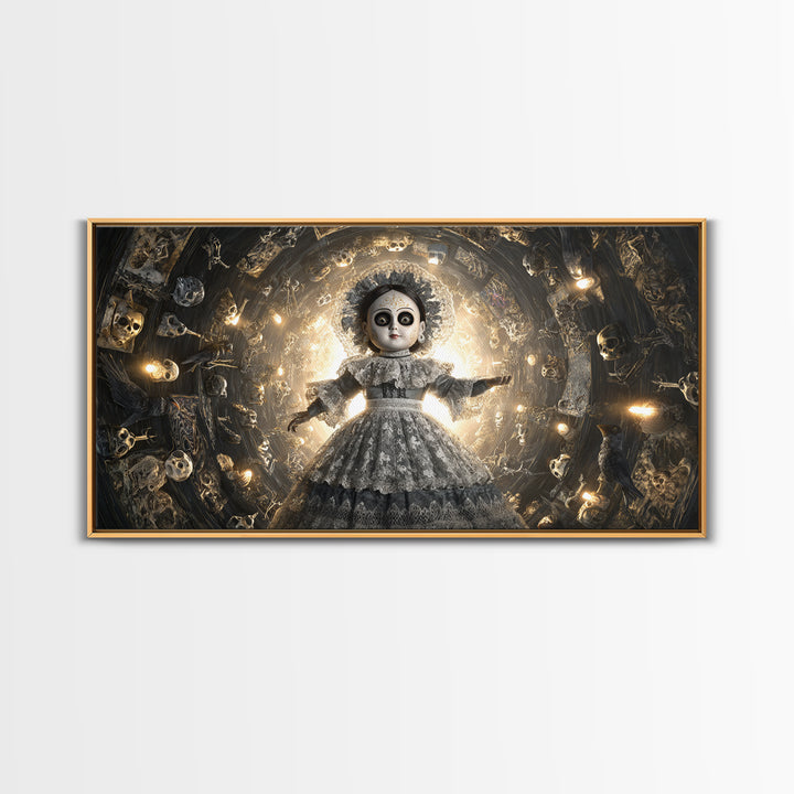 The Haunted Porcelain Doll, Macabre Folk Print Art, Wide Panoramic Art, Gothic Horror Wall Art, Framed Canvas Print