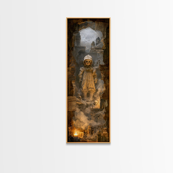The Haunted Porcelain Doll, Surreal Apocalyptic Art, Tall Narrow Wall Art, Dark Halloween Decor, Canvas Print, Halloween Wall Art