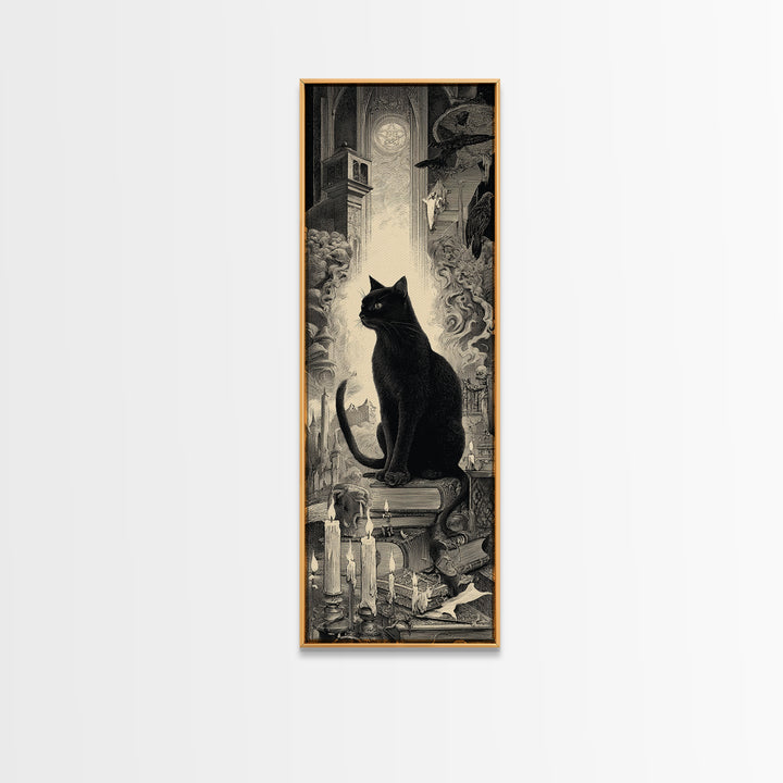 The Black Cat Familiar, Gothic Engraving Art, Tall Narrow Wall Art, Macabre Wall Art, Framed Canvas Print, Halloween Wall Art