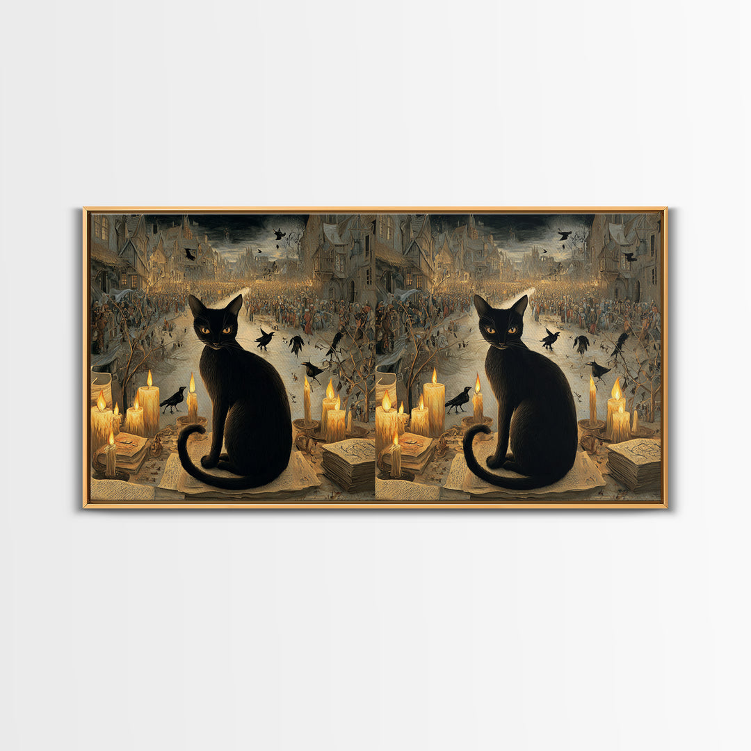 The Black Cat Familiar, Northern Renaissance Horror, Wide Panoramic Art, Dark Halloween Decor, Canvas Print, Halloween Wall Art