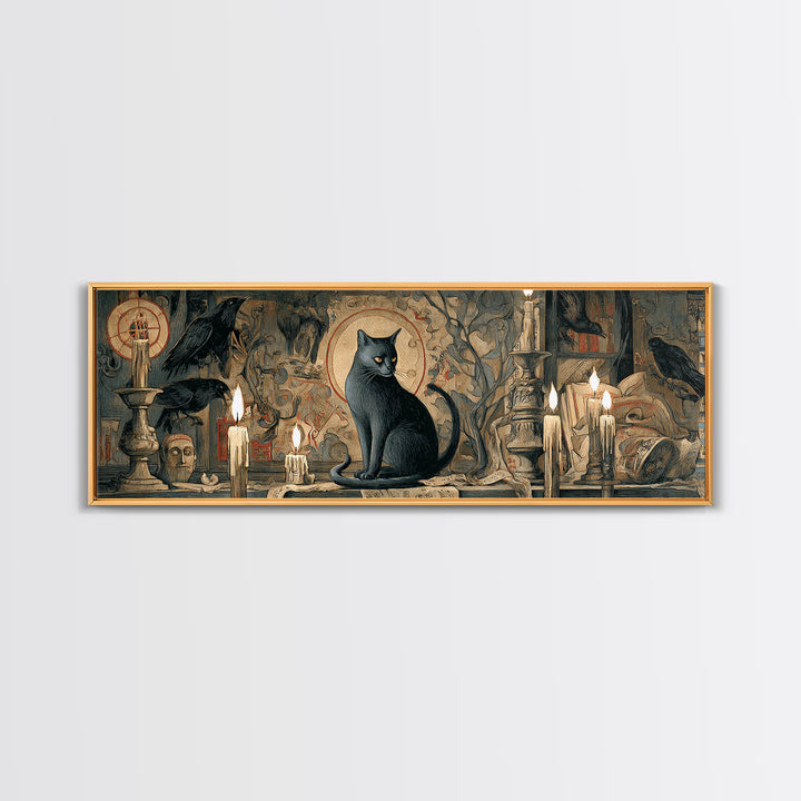 The Black Cat Familiar, Dark Renaissance Art, Extra Wide Wall Art, Dark Fantasy Wall Art, Framed Canvas Print, Halloween Wall Art