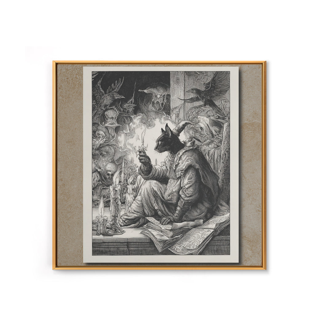 The Black Cat Familiar, Renaissance Engraving Art, Square Wall Art, Dark Fantasy Wall Art, Canvas Print, Halloween Wall Art