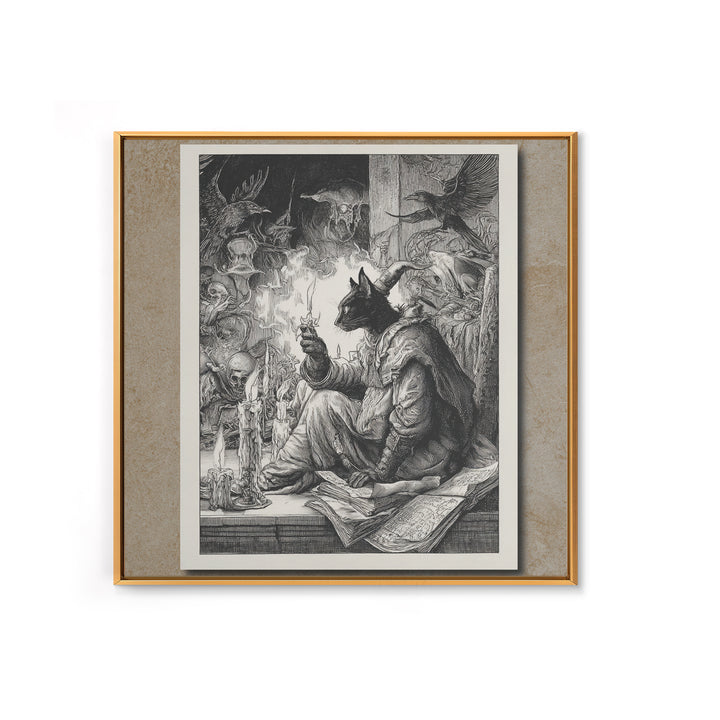 The Black Cat Familiar, Renaissance Engraving Art, Square Wall Art, Dark Fantasy Wall Art, Canvas Print, Halloween Wall Art