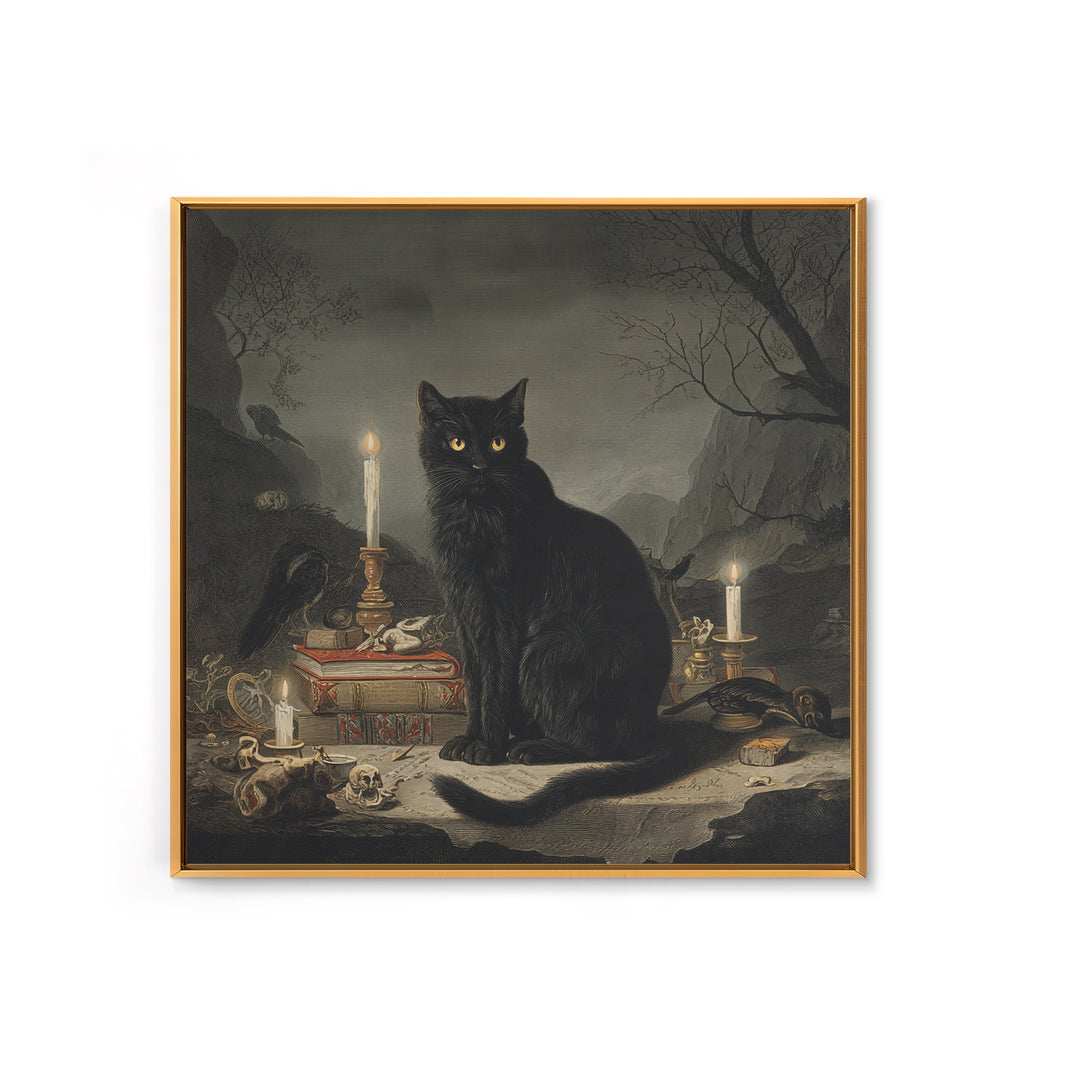 The Black Cat Familiar, Baroque Witchcraft Art, Square Wall Art, Macabre Wall Art, Framed Canvas Print, Halloween Wall Art