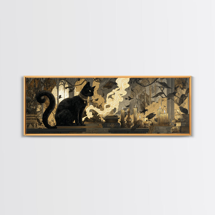 The Black Cat Familiar, Visionary Gothic Art, Extra Wide Wall Art, Macabre Wall Art, Canvas Print, Halloween Wall Art, Horror Wall Art