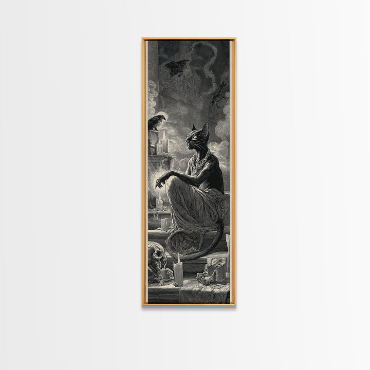 The Black Cat Familiar, Architectural Etching Art, Tall Narrow Wall Art, Gothic Horror Wall Art, Canvas Print