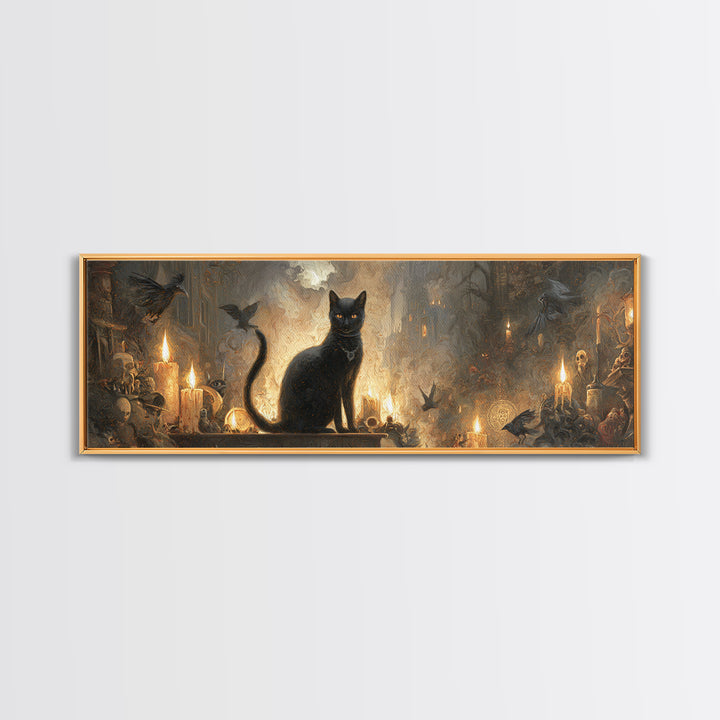 The Black Cat Familiar, Apocalyptic Romantic Art, Extra Wide Wall Art, Dark Fantasy Wall Art, Framed Canvas Print, Halloween Wall Art