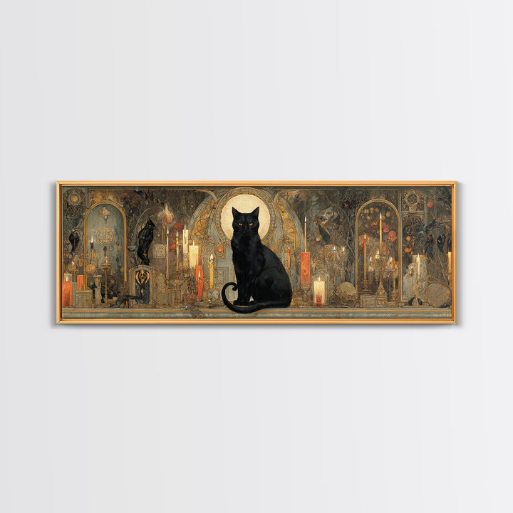 The Black Cat Familiar, Ornate Symbolist Art, Extra Wide Wall Art, Gothic Horror Wall Art, Canvas Print, Halloween Wall Art