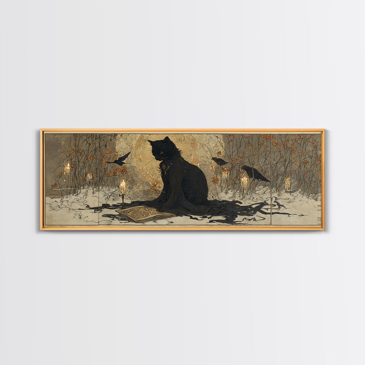The Black Cat Familiar, Symbolist Death Art, Extra Wide Wall Art, Dark Fantasy Wall Art, Framed Canvas Print, Halloween Wall Art