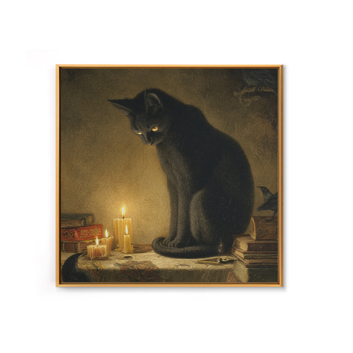 The Black Cat Familiar, Dark Symbolist Art, Square Wall Art, Dark Halloween Decor, Canvas Print, Halloween Wall Art