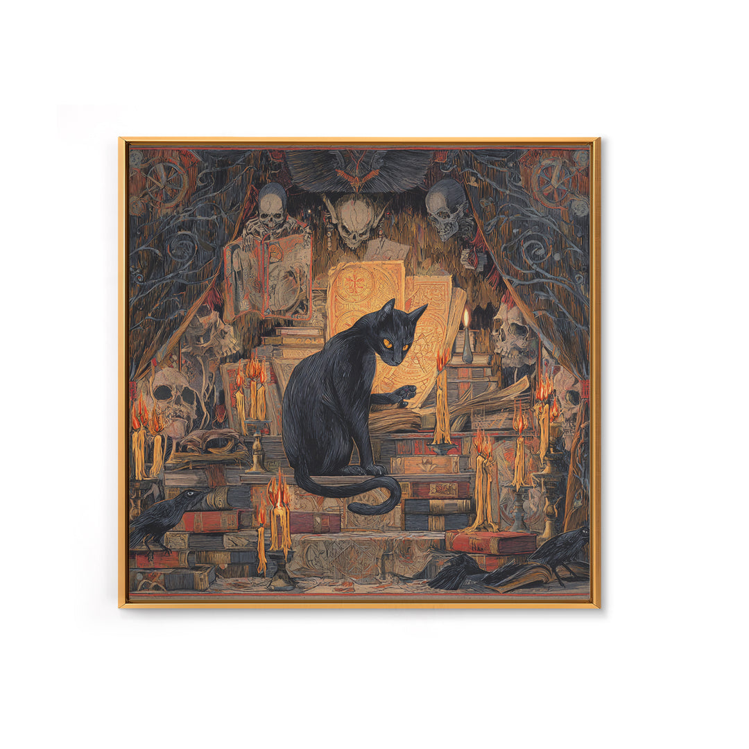 The Black Cat Familiar, Grotesque Carnival Art, Square Wall Art, Gothic Horror Wall Art, Framed Canvas Print, Halloween Wall Art