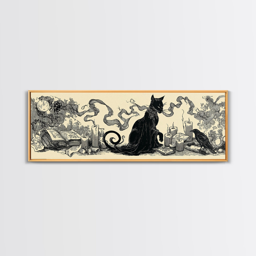 The Black Cat Familiar, Decadent Line Art, Extra Wide Wall Art, Dark Fantasy Wall Art, Framed Canvas Print, Halloween Wall Art