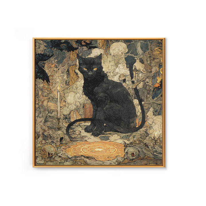 The Black Cat Familiar, Gothic Storybook Art, Square Wall Art, Macabre Wall Art, Framed Canvas Print, Halloween Wall Art