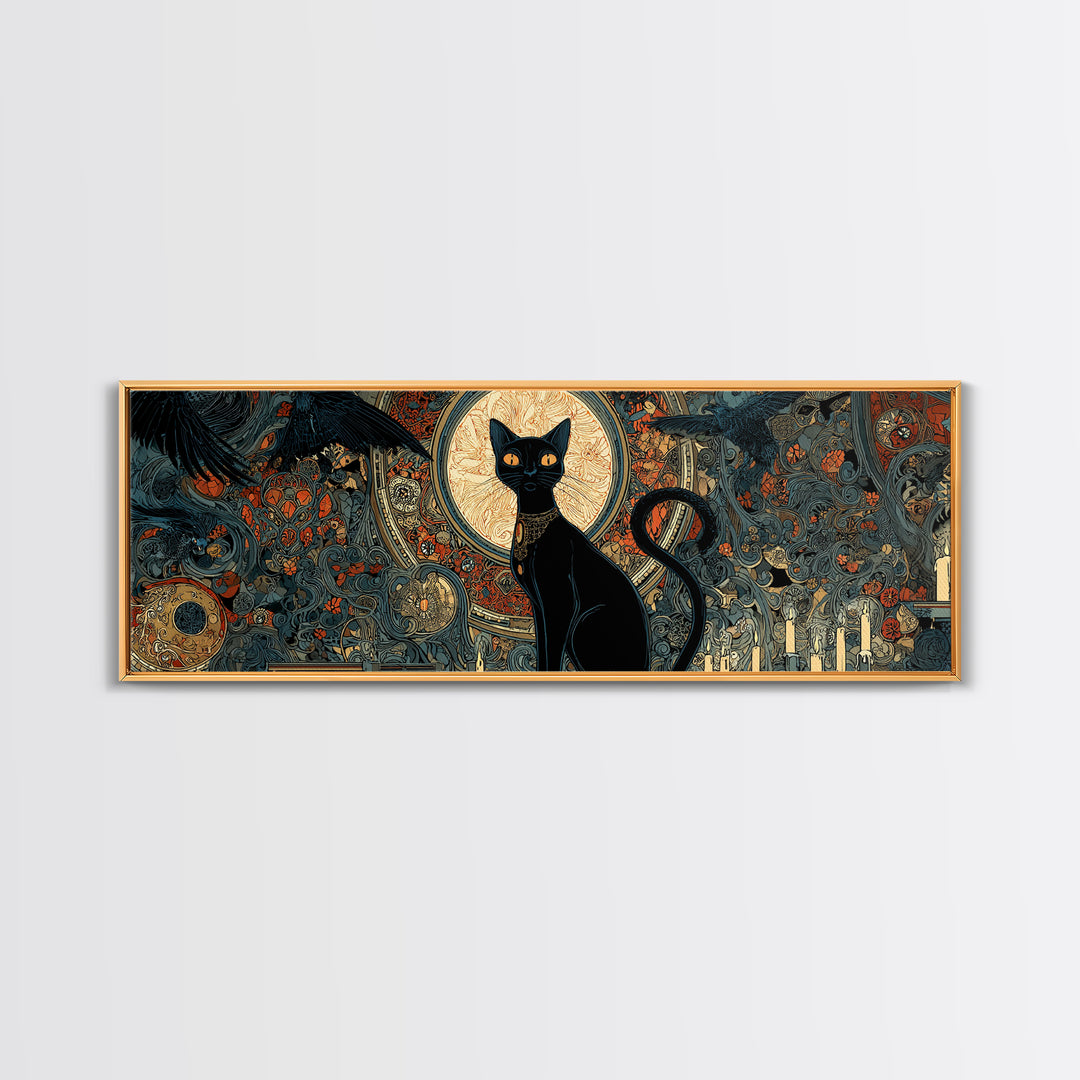 The Black Cat Familiar, Stained Glass Gothic Art, Extra Wide Wall Art, Dark Fantasy Wall Art, Framed Canvas Print, Halloween Wall Art