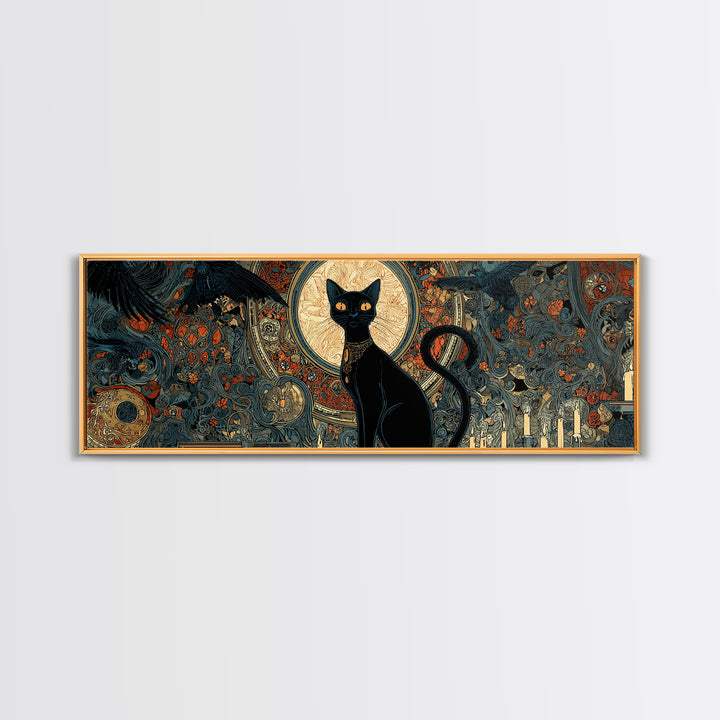 The Black Cat Familiar, Stained Glass Gothic Art, Extra Wide Wall Art, Dark Fantasy Wall Art, Framed Canvas Print, Halloween Wall Art