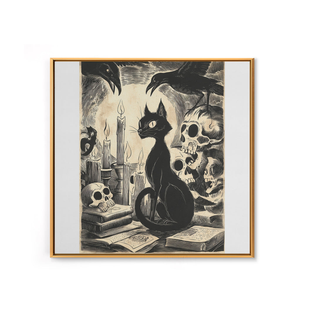 The Black Cat Familiar, Macabre Folk Print Art, Square Wall Art, Macabre Wall Art, Framed Canvas Print, Halloween Wall Art
