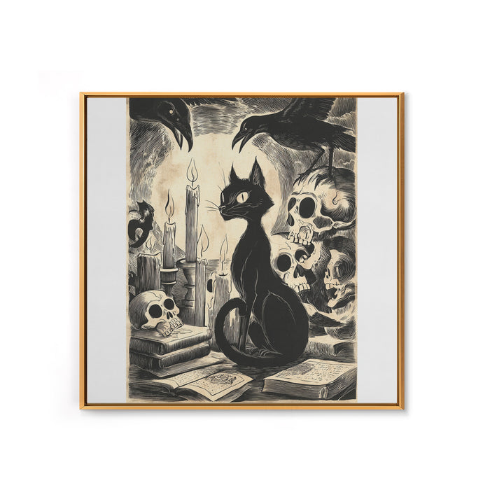 The Black Cat Familiar, Macabre Folk Print Art, Square Wall Art, Macabre Wall Art, Framed Canvas Print, Halloween Wall Art