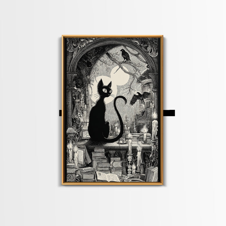 The Black Cat Familiar, Victorian Macabre Art, Vertical Wall Art, Dark Fantasy Wall Art, Framed Canvas Print, Halloween Wall Art