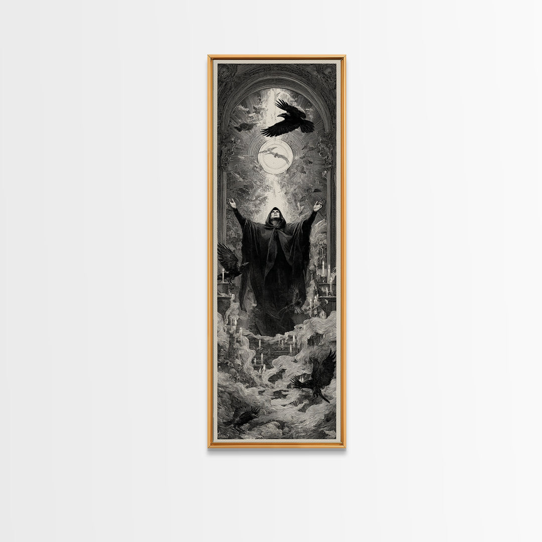 The Raven Keeper, Gothic Engraving Art, Tall Narrow Wall Art, Gothic Horror Wall Art, Canvas Print, Halloween Wall Art