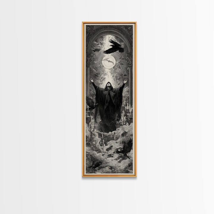 The Raven Keeper, Gothic Engraving Art, Tall Narrow Wall Art, Gothic Horror Wall Art, Canvas Print, Halloween Wall Art