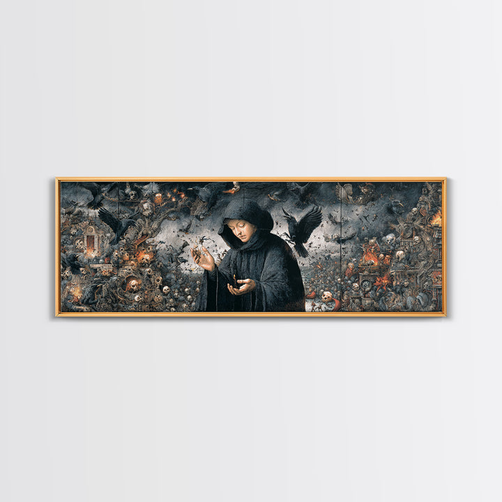 The Raven Keeper, Medieval Grotesque Art, Extra Wide Wall Art, Gothic Horror Wall Art, Framed Canvas Print, Halloween Wall Art
