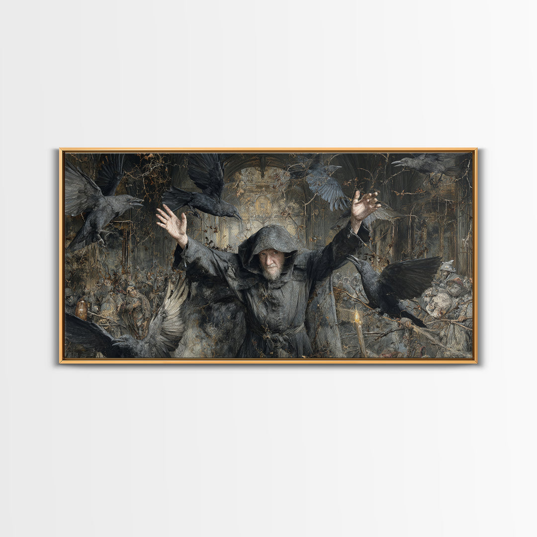 The Raven Keeper, Northern Renaissance Horror, Wide Panoramic Art, Dark Fantasy Wall Art, Canvas Print, Halloween Wall Art