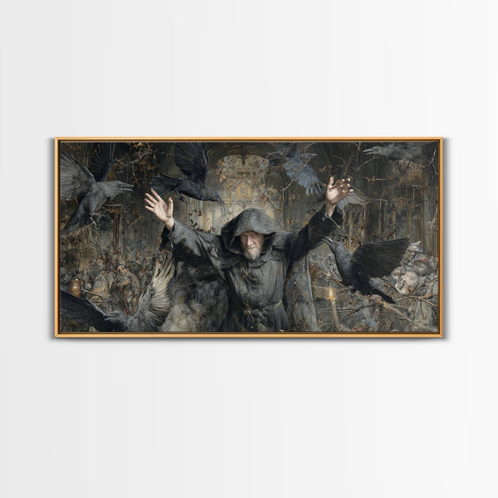 The Raven Keeper, Northern Renaissance Horror, Wide Panoramic Art, Dark Fantasy Wall Art, Canvas Print, Halloween Wall Art