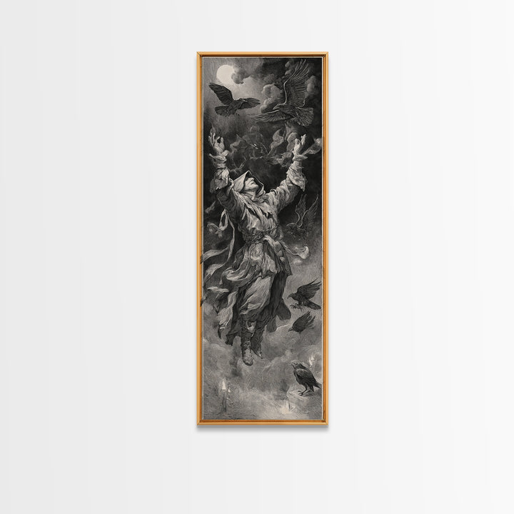 The Raven Keeper, Architectural Etching Art, Tall Narrow Wall Art, Dark Fantasy Wall Art, Canvas Print, Halloween Wall Art