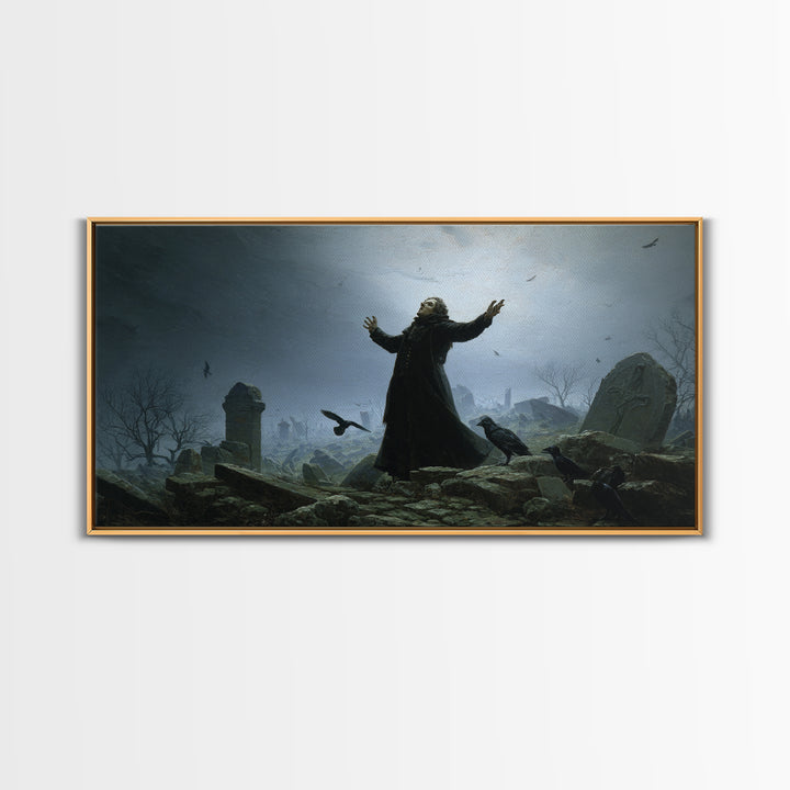 The Raven Keeper, Romantic Gothic Landscape, Wide Panoramic Art, Dark Halloween Decor, Framed Canvas Print, Halloween Wall Art