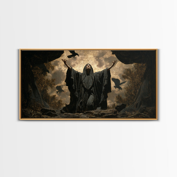 The Raven Keeper, Symbolist Gothic Landscape, Wide Panoramic Art, Dark Halloween Decor, Framed Canvas Print, Halloween Wall Art