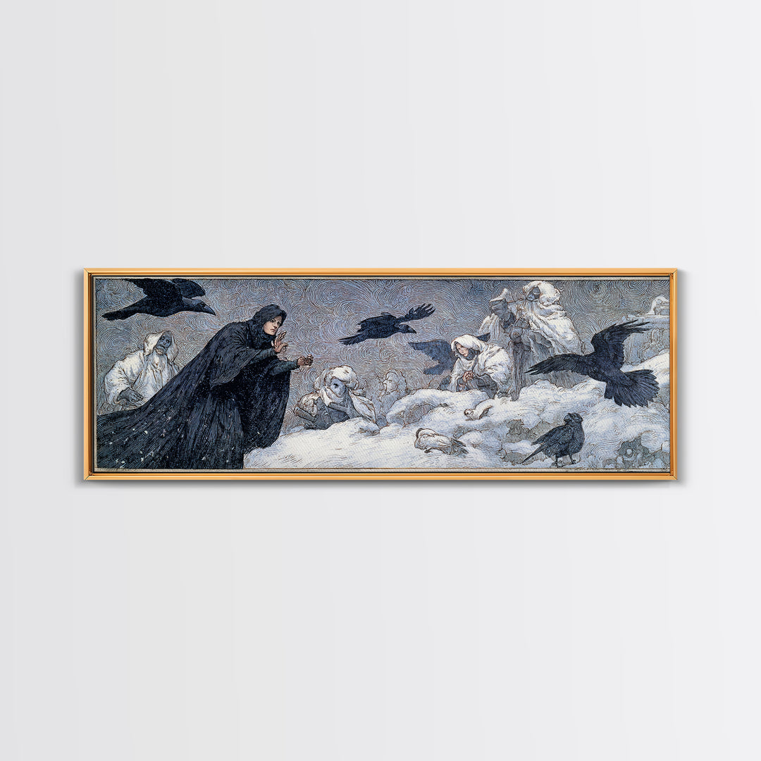 The Raven Keeper, Symbolist Death Art, Extra Wide Wall Art, Dark Halloween Decor, Canvas Print, Halloween Wall Art