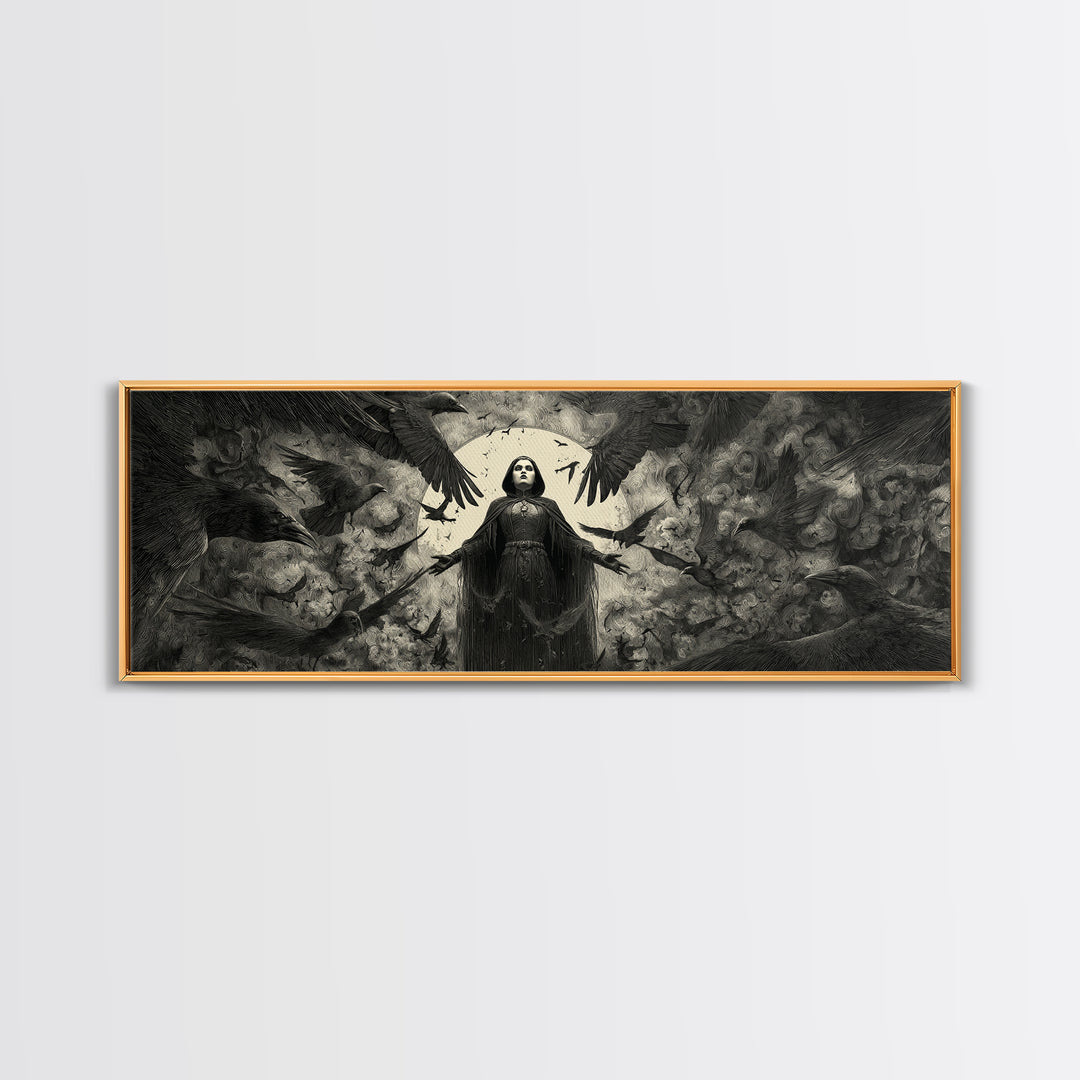 The Raven Keeper, Dark Symbolist Art, Extra Wide Wall Art, Gothic Horror Wall Art, Canvas Print, Halloween Wall Art