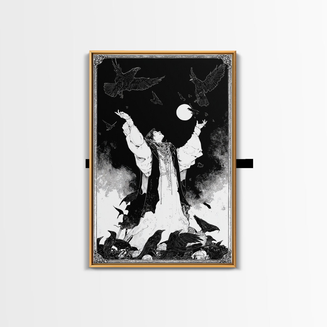 The Raven Keeper, Decadent Line Art, Vertical Wall Art, Macabre Wall Art, Canvas Print, Halloween Wall Art, Halloween Decor