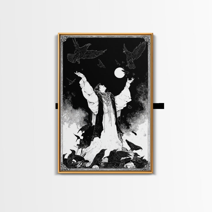 The Raven Keeper, Decadent Line Art, Vertical Wall Art, Macabre Wall Art, Canvas Print, Halloween Wall Art, Halloween Decor
