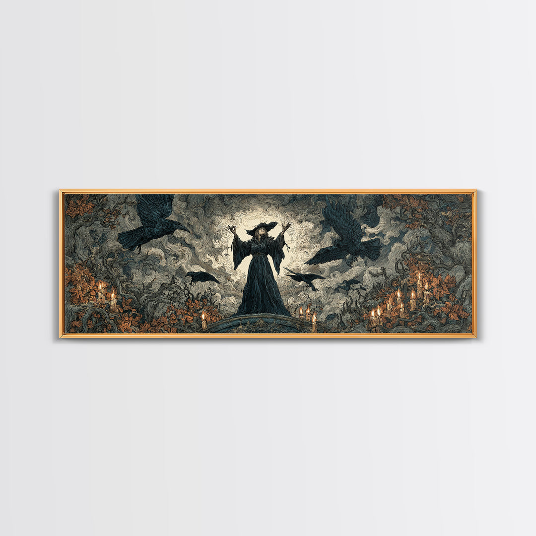 The Raven Keeper, Gothic Storybook Art, Extra Wide Wall Art, Gothic Horror Wall Art, Framed Canvas Print, Halloween Wall Art