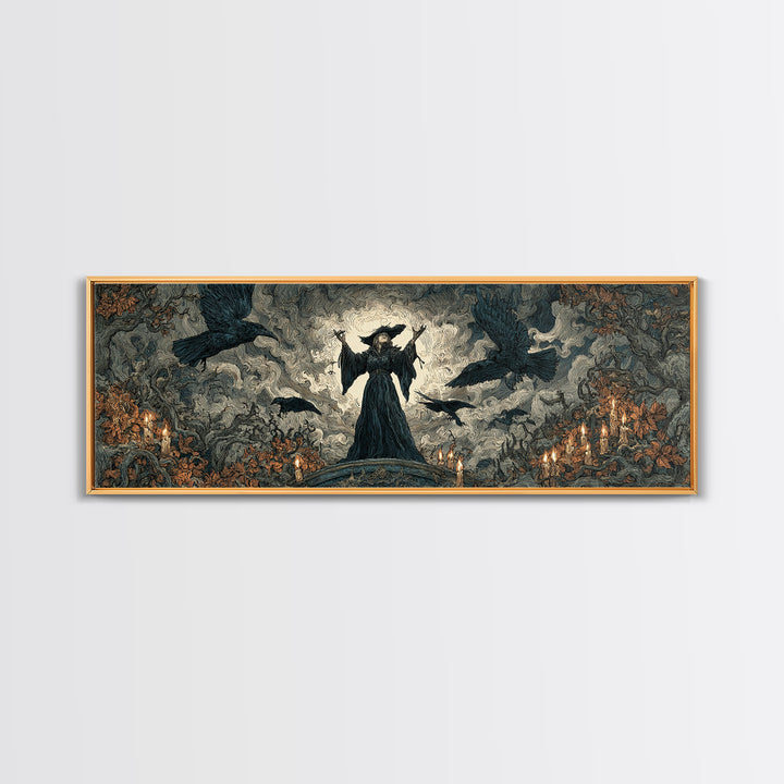 The Raven Keeper, Gothic Storybook Art, Extra Wide Wall Art, Gothic Horror Wall Art, Framed Canvas Print, Halloween Wall Art