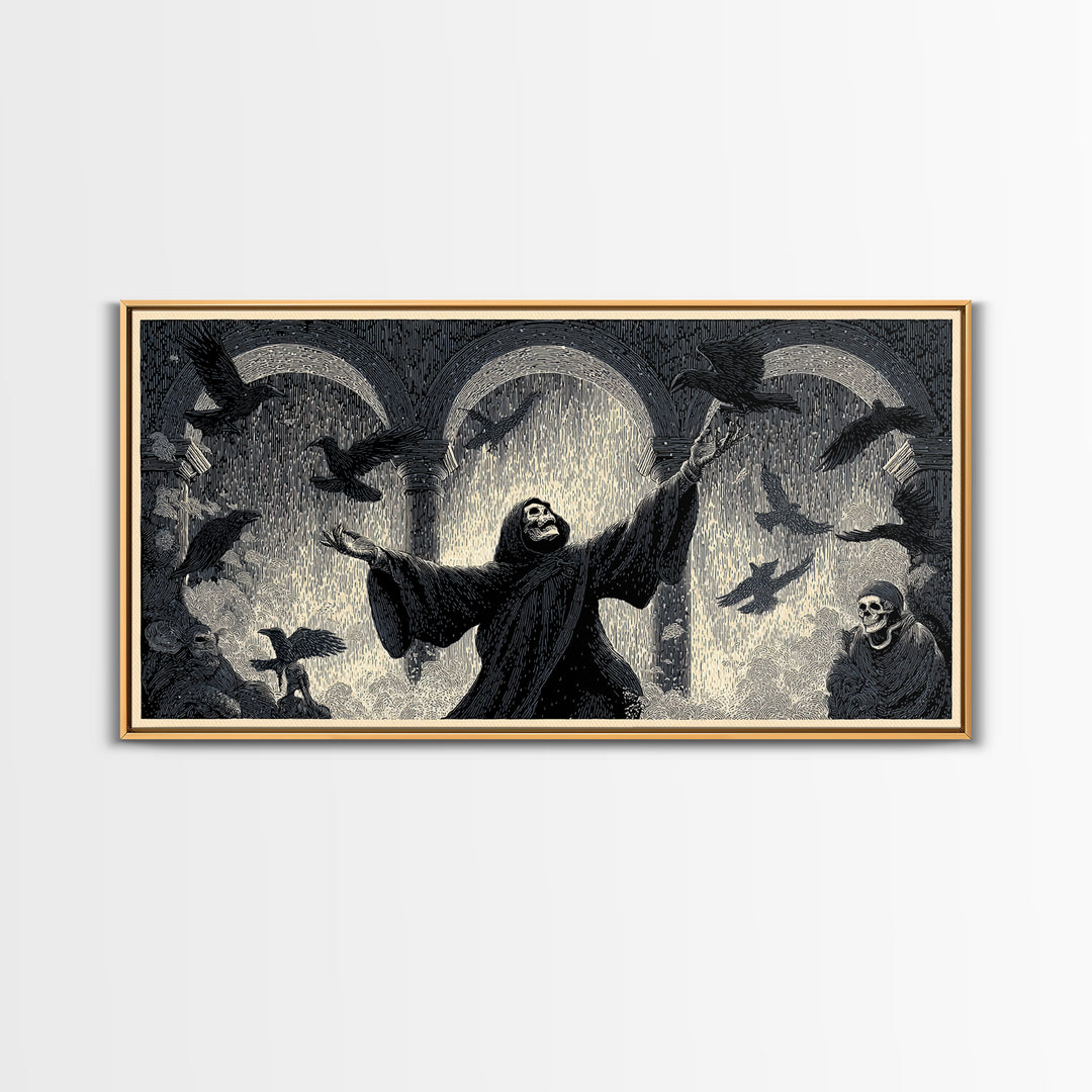 The Raven Keeper, Macabre Folk Print Art, Wide Panoramic Art, Dark Fantasy Wall Art, Canvas Print, Halloween Wall Art