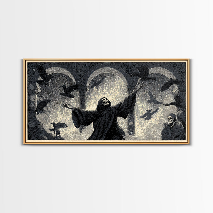 The Raven Keeper, Macabre Folk Print Art, Wide Panoramic Art, Dark Fantasy Wall Art, Canvas Print, Halloween Wall Art