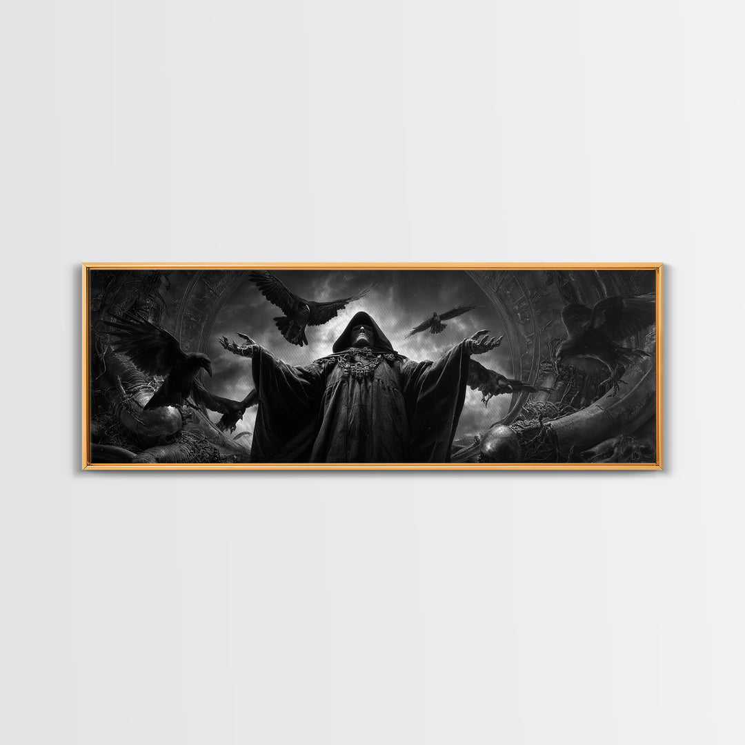 The Raven Keeper, Biomechanical Horror Art, Extra Wide Wall Art, Gothic Horror Wall Art, Canvas Print, Halloween Wall Art