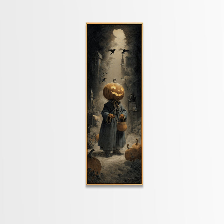 The Pumpkin-Headed Child, Gothic Engraving Art, Tall Narrow Wall Art, Gothic Horror Wall Art, Framed Canvas Print, Halloween Wall Art