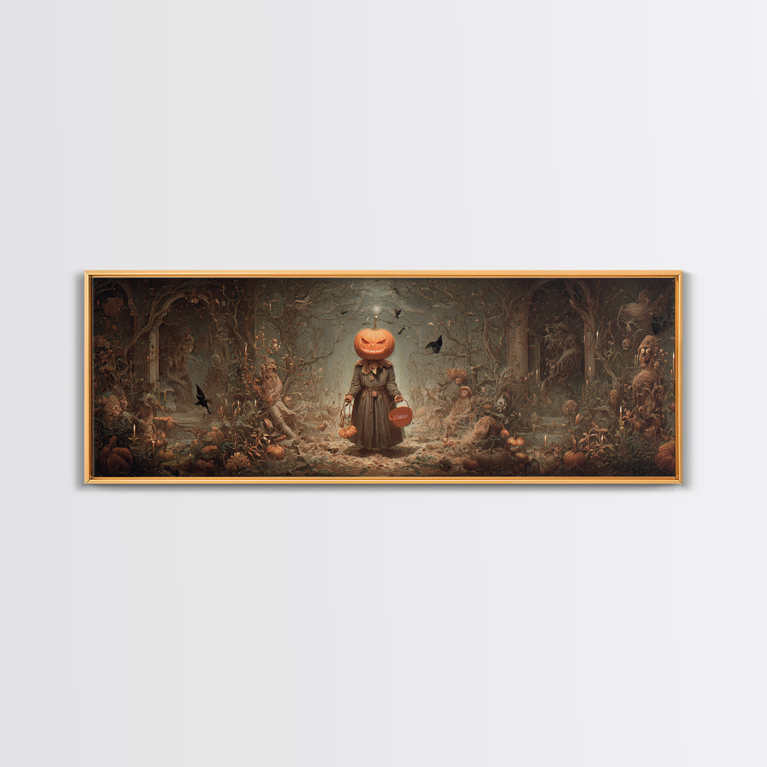 The Pumpkin-Headed Child, Medieval Grotesque Art, Extra Wide Wall Art, Macabre Wall Art, Canvas Print, Halloween Wall Art