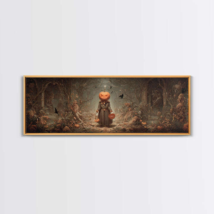The Pumpkin-Headed Child, Medieval Grotesque Art, Extra Wide Wall Art, Macabre Wall Art, Canvas Print, Halloween Wall Art